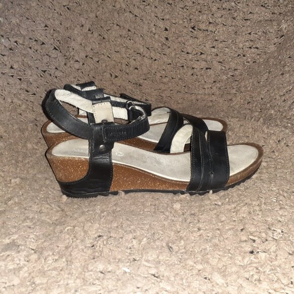 MERRELL-Revalli Aura Black Leather Strappy Cork Wedge Sandals-Sz 9-Near Mint - Picture 4 of 7